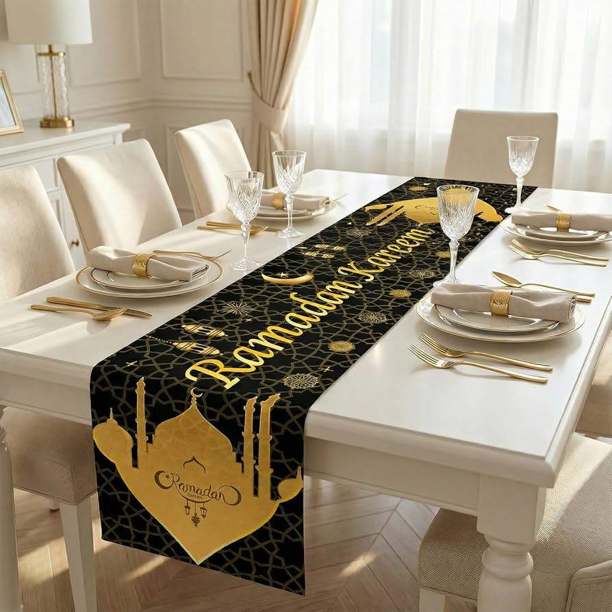 Ramadan Table Cloth, Seutgie Ramadan Decorations for Table 13.8*70.87 inches Black and Gold Islam... | Amazon (UK)