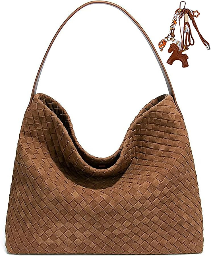 Suede Hobo Bags for Women Fall Woven Purse Slouchy Shoulder Crossbody Bag with Silk Scarf | Amazon (US)