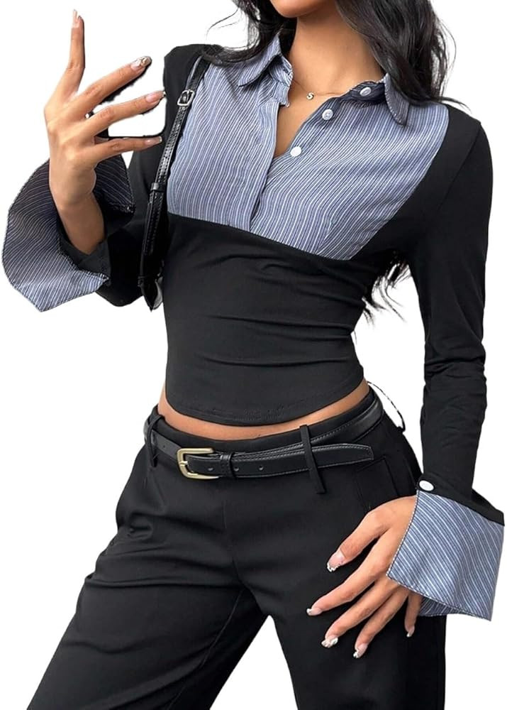 Womens Long Sleeve Button Up Shirt Spring Summer Striped Slimming Fit Blouse Tops | Amazon (US)