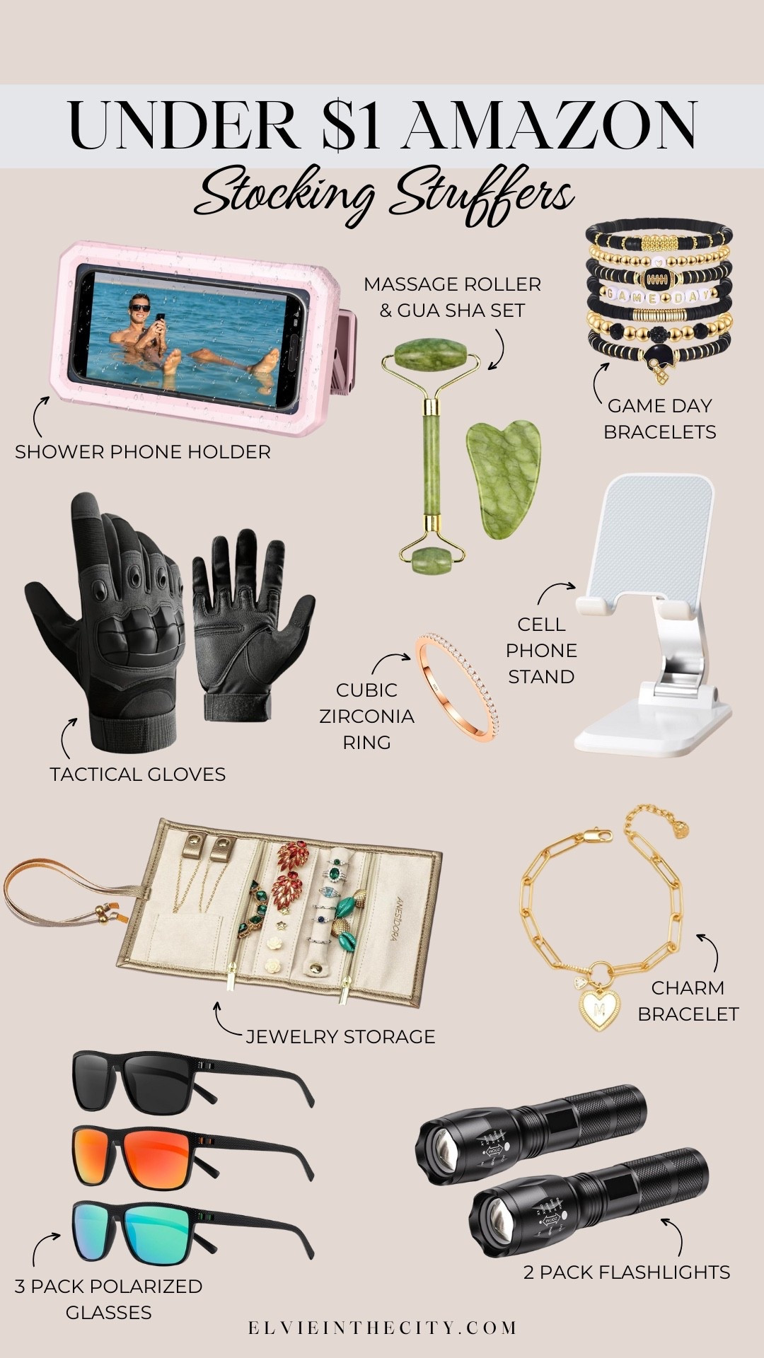 $1 stocking stuffers on Amazon on November 10 and 11. Picks include a shower phone holder, massage roller and gua sha set, game day bracelet stacks, tactical gloves, a cubic zirconia ring, cell phone stand, roll up jewelry storage, a charm bracelet, 3 pack of polarized sunglasses and a 2 pack of flashlights.

Gifts for him, gifts for her, gift guide

#ad
#founditonamazon
@Amazon

#LTKSaleAlert #LTKGiftGuide