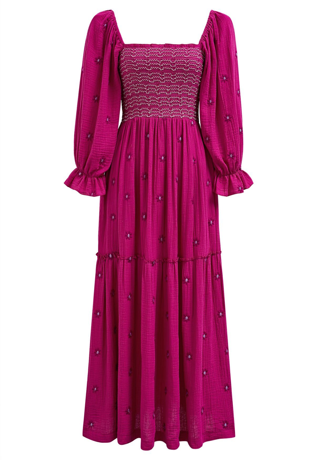 Floret Embroidery Square Neck Midi Dress in Hot Pink | Chicwish
