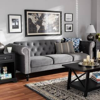 Emma 83.1 in. Grey/Black Fabric 3-Seater Chesterfield Sofa with Round Arms | The Home Depot