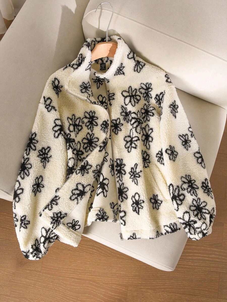 CosyJoli Plus Size Casual Floral Pattern Thermal Lined Zip-Up Cardigan Floral Jacket Winter Jacke... | SHEIN