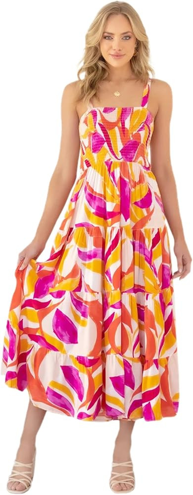 ANOTHER CHOICE Women Boho Sleeveless Maxi Dress Tie Strap Square Neck Smocked Ruffle Maxi Dress | Amazon (US)