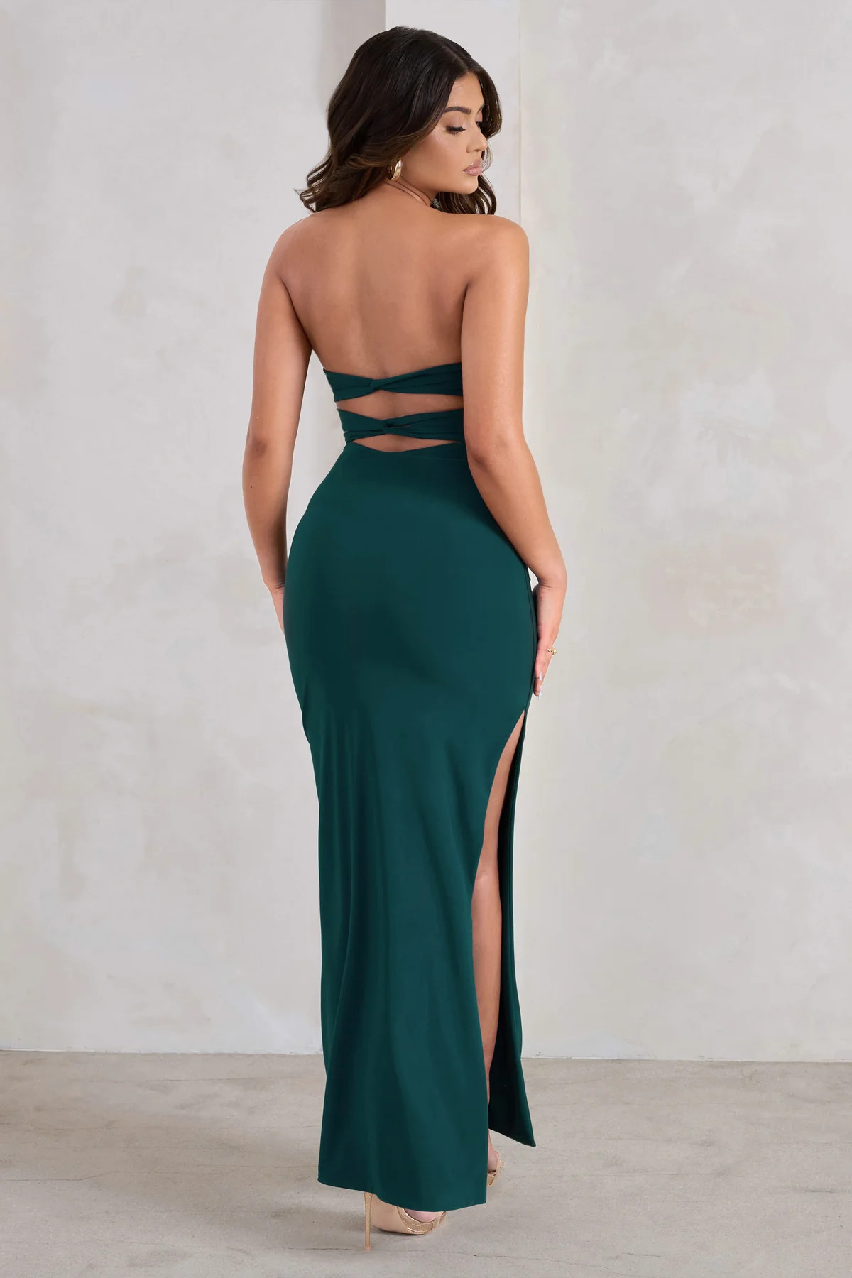 Manon | Bottle Green Sweetheart Bandeau Maxi Dress With Thigh Split | Club L London