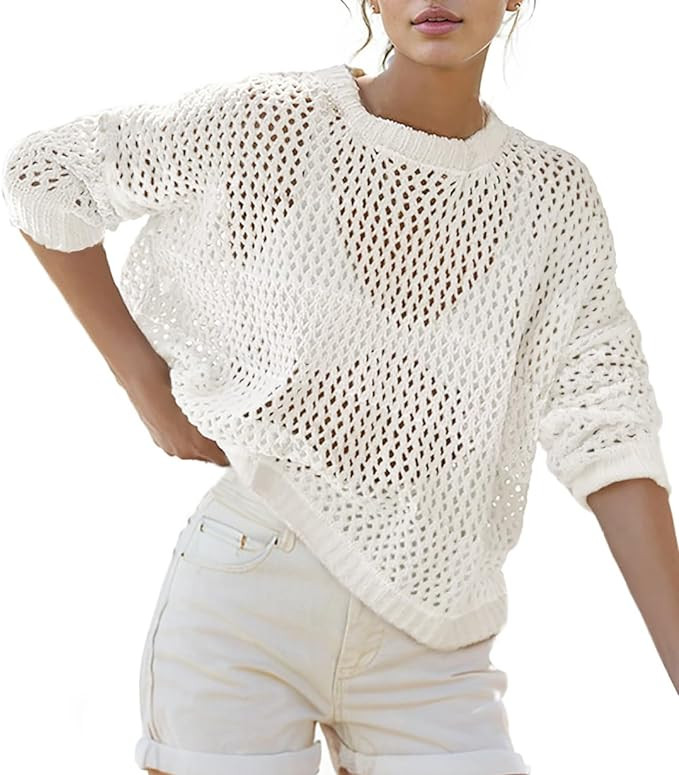 Crochet Sweaters for Women Tops - Long Sleeve Crew Neck Swimsuit Beach Cover Up Women Cover Up fo... | Amazon (US)