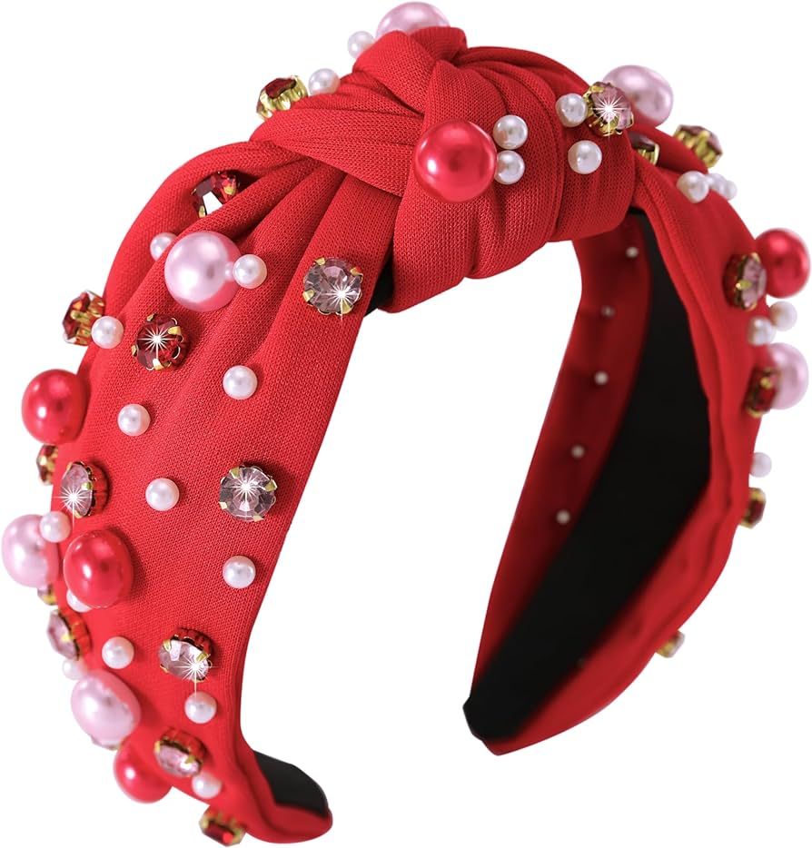 Gmmidea Pearl Women’s Knotted Headband Colorful Rhinestone Crystal Jeweled Headband Beaded Wide... | Amazon (US)