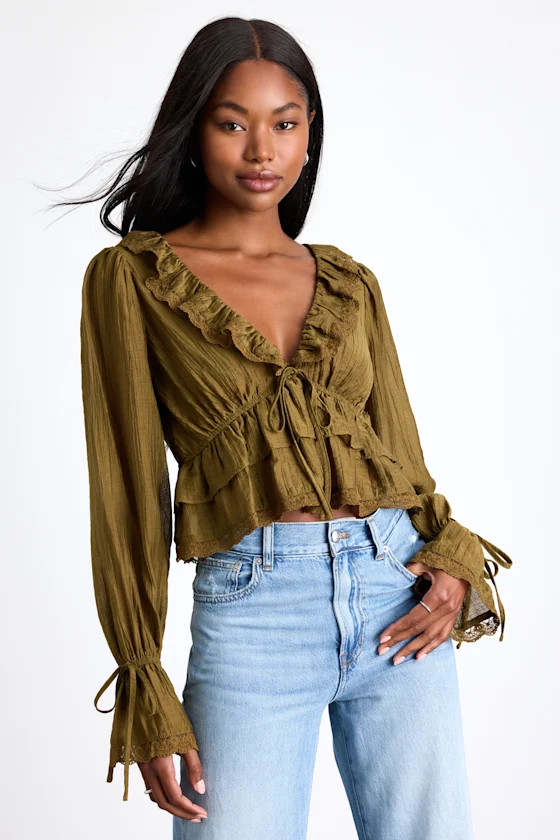 Avora Olive Green Crinkled Long Sleeve Tie-Front Top | Lulus