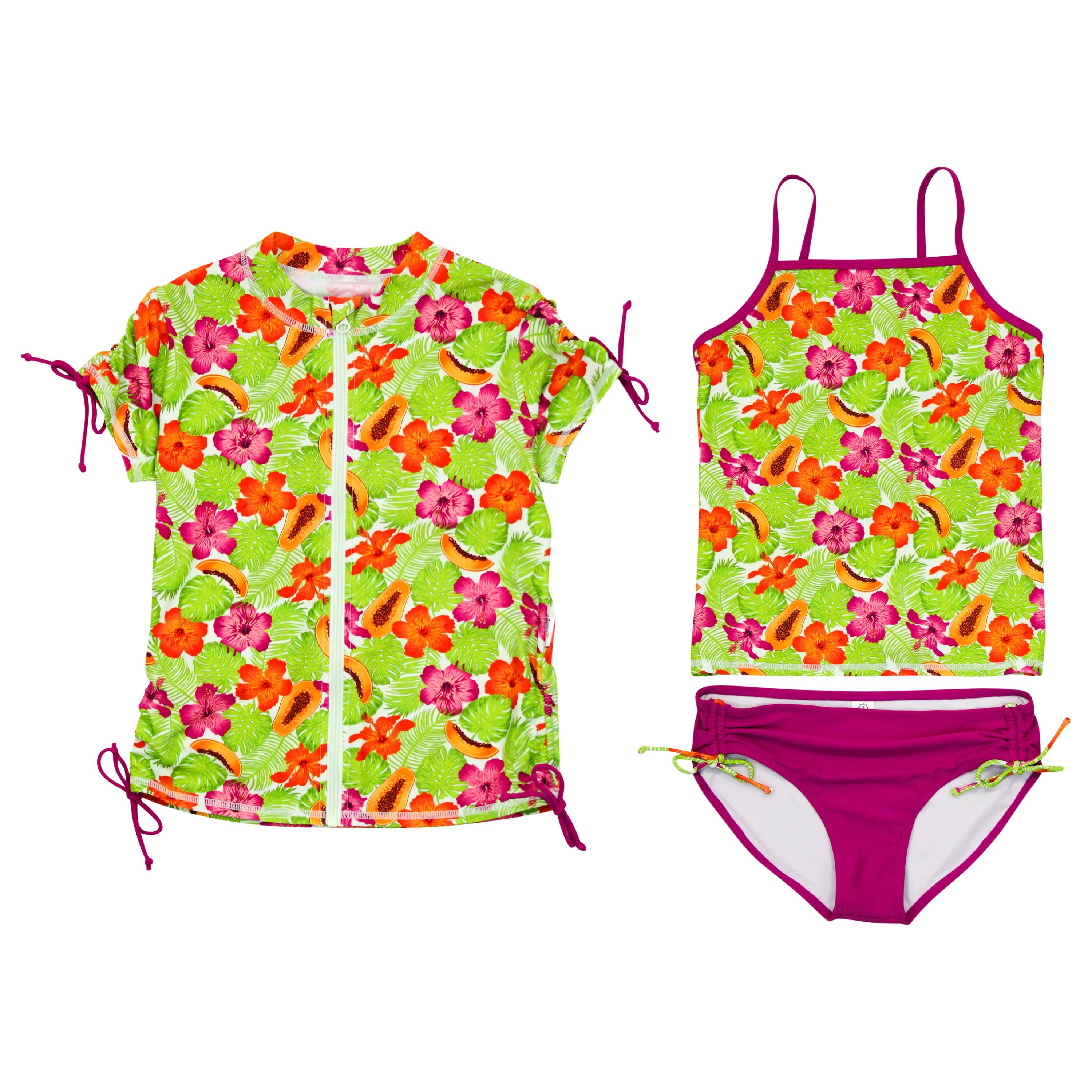 Girl's Short Sleeve Rash Guard with Tankini + Bikini Bottoms Set (3 Piece) | "Hibiscus" | SwimZip