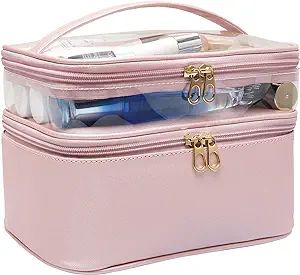 Makeup Bag,Leather Double Layer Large Makeup Organizer Bag,Travel Accessories Dorm Room Essential... | Amazon (US)
