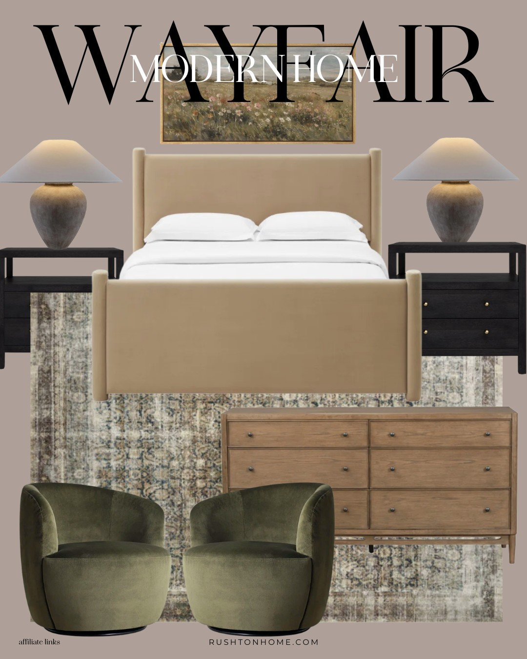 A green earthy bedroom with beiges and greens with caramel wood colors that look absolutely beautiful. These side lamps are big and have the earthy modern feel to them too -- everything pulls together so nicely!

I've been loving these @wayfair home finds! This inspiration pulls together a vibe that feels antique, european, earthy and yet still modern.

Home decor, home design, interior design, furniture, console table, accent chairs, vases, candlesticks, bench, cabinet, sideboard, dining table, king bed, bed frame, dresser, nightstands, side tables, lamps
 

 

#LTKWatchNow #LTKHome #LTKSaleAlert