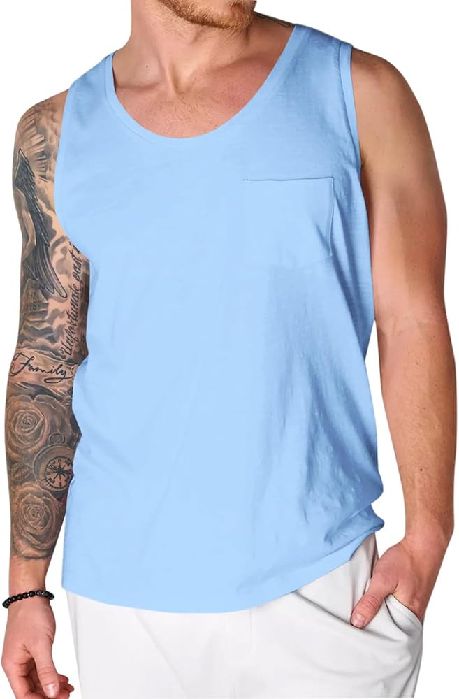 Runcati Men's Sleeveless Tank Tops Crewneck Workout Gym Cotton Muscle Pocket T Shirt | Amazon (US)