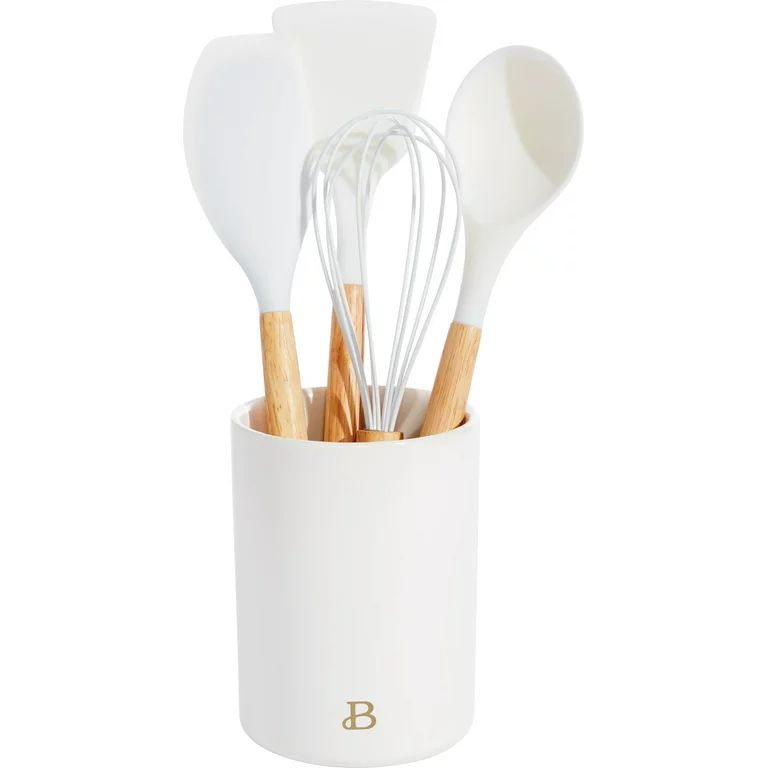 Beautiful By Drew Barrymore Kitchen Utensil 5 Piece Set with Silicone Tools and Crock, White | Walmart (US)