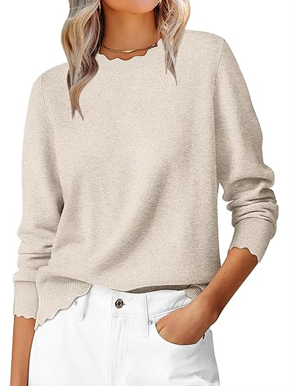 ANRABESS Sweaters for Women Loose Fit Lightweight Soft Dressy Scalloped Long Sleeve Pullover Tops... | Amazon (US)