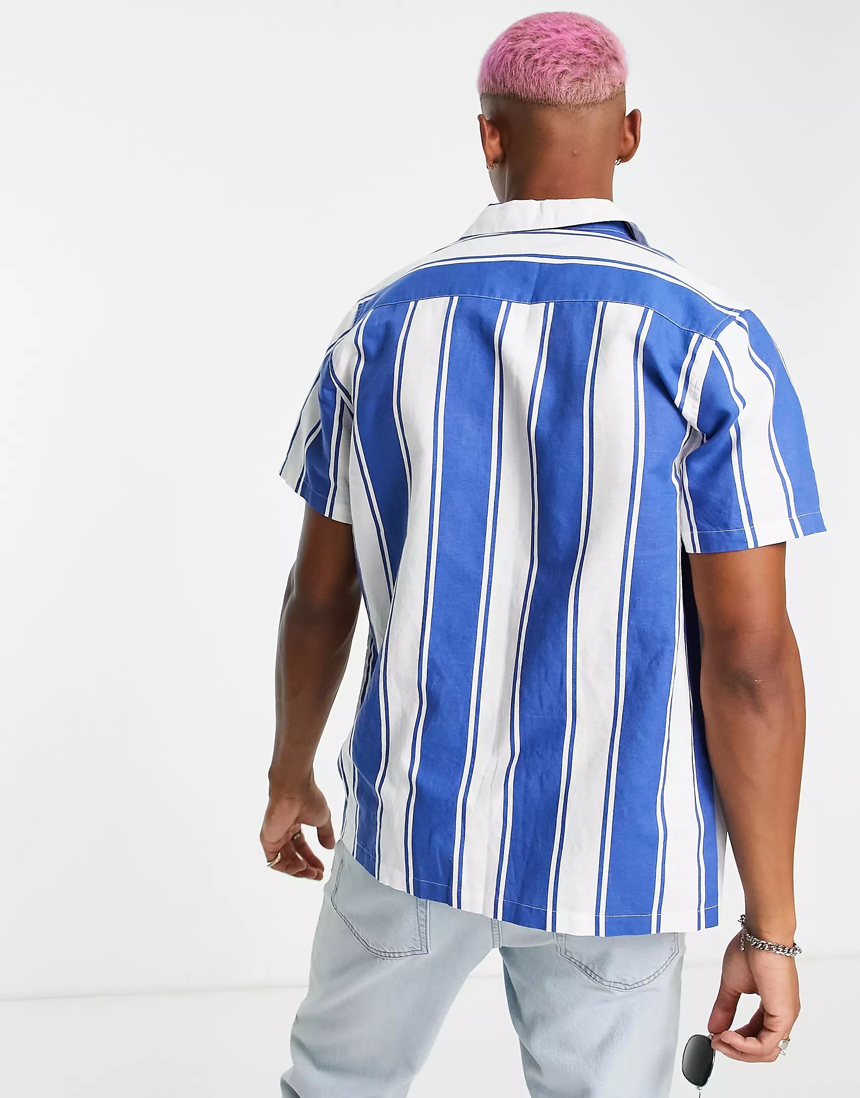 ASOS DESIGN relaxed revere linen shirt in blue stripe | ASOS (Global)