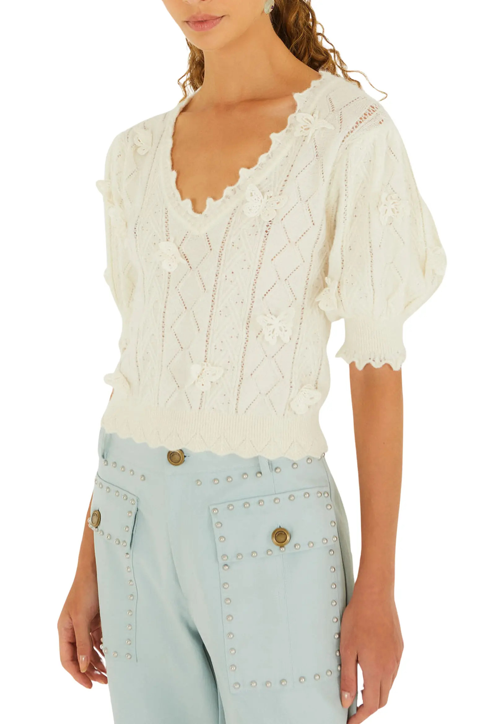 FARM Rio Richilieu Butterfly Appliqué Pointelle Sweater (Women) | Nordstrom | Nordstrom