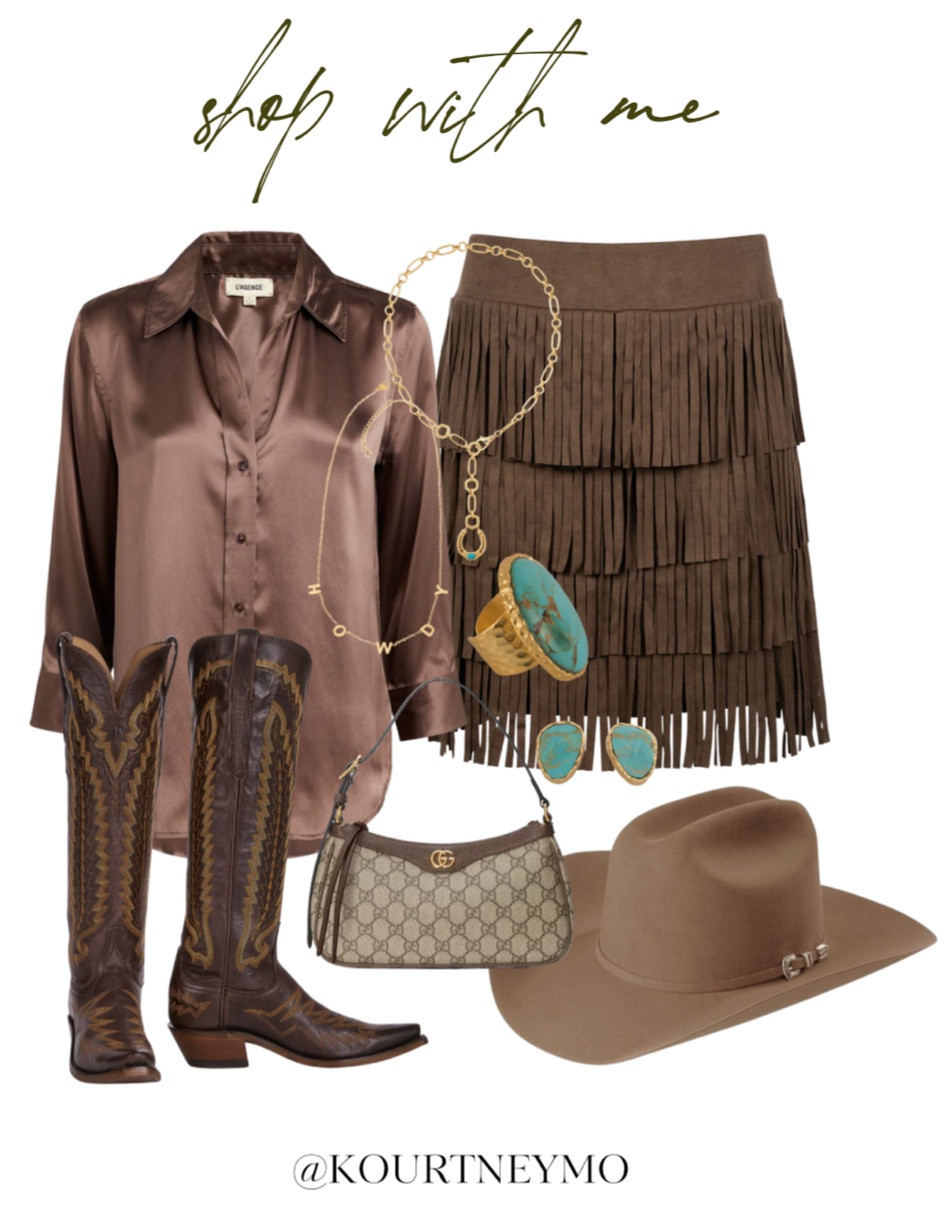 PBR outfits, rodeo style, fringe skirt styling, western boot styling, Lucchese, Frame, Pinto Ranch, Stetson, Christina Greene, Kendra Scott, Gucci

#LTKstyletip #LTKshoecrush