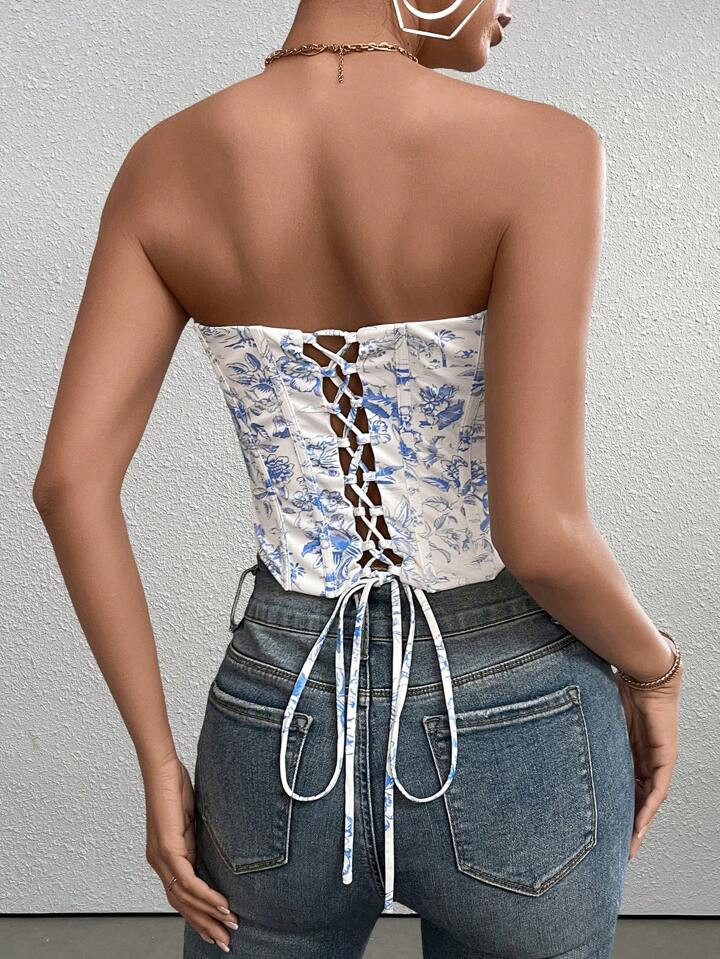 PARTHEA Crisscross Tie Up Boning Floral Print Tube Bustier | SHEIN