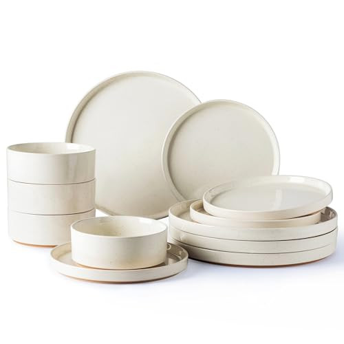 AmorArc Ceramic Dinnerware Set for 4 | Speckled Stoneware Plates and Bowls with unglazed terracotta | Scratch Resistant, Dishwasher & Microwave Safe Dishes Sets- 12-Pcs Beige | Amazon (US)