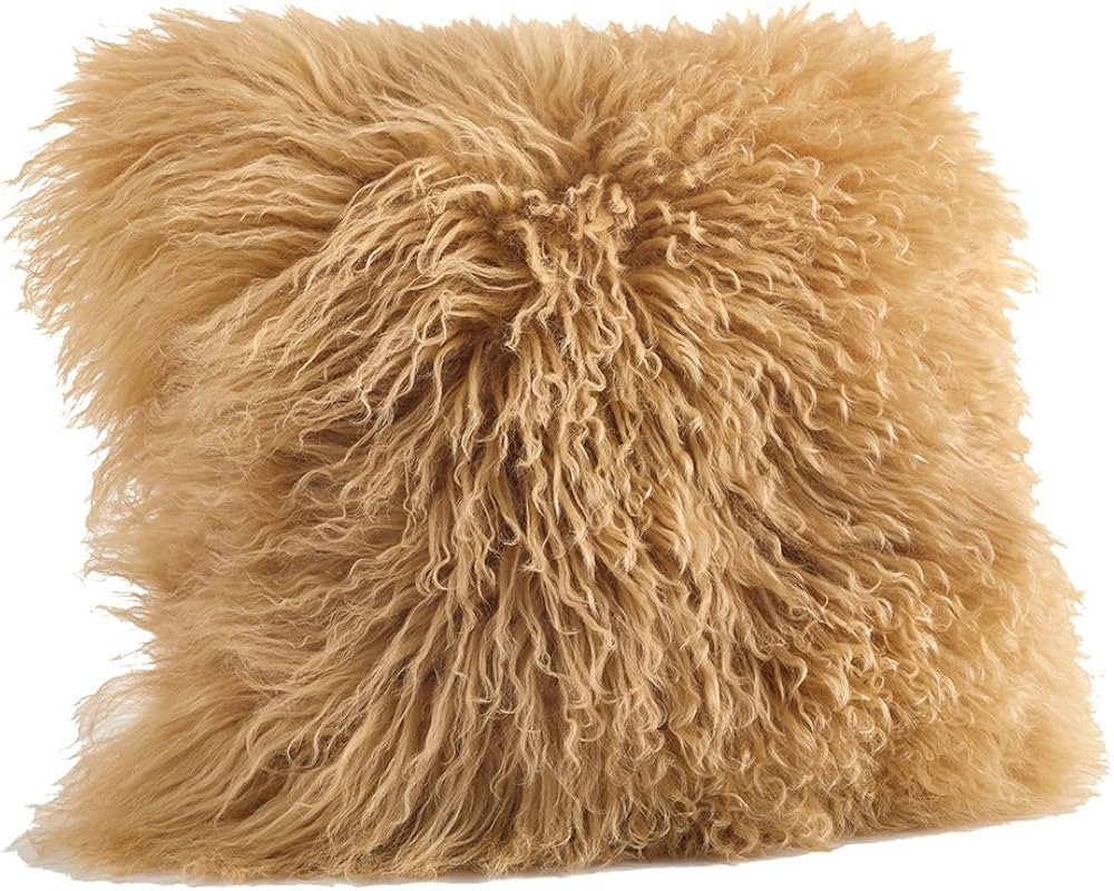 Fennco Styles Genuine Mongolian Lamb Fur Decorative Filled Throw Pillow 20" W X 20" L - Gold Soft... | Amazon (US)