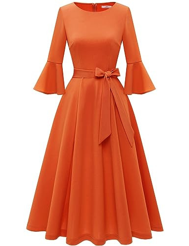Vintage Dresses for Women Cocktail Party Swing Tea Dress Elegant 2025 for Fall Tea Party Midi Formal Bridesmaid Wedding Guest Orange 3XL | Amazon (US)