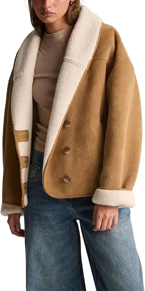 Yeokou Women Suede Jacket Sherpa Lined Casual Button Down Coat Baggy Lapel Warm Winter Outwear wi... | Amazon (US)