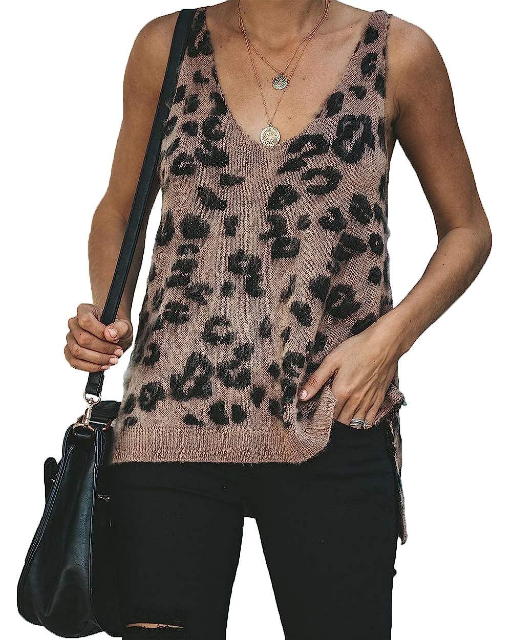 HZSONNE Women's Casual Leopard High Low Hem Fuzzy Camisole V Neck Knitted Sweater Tops Cutout Tan... | Amazon (US)