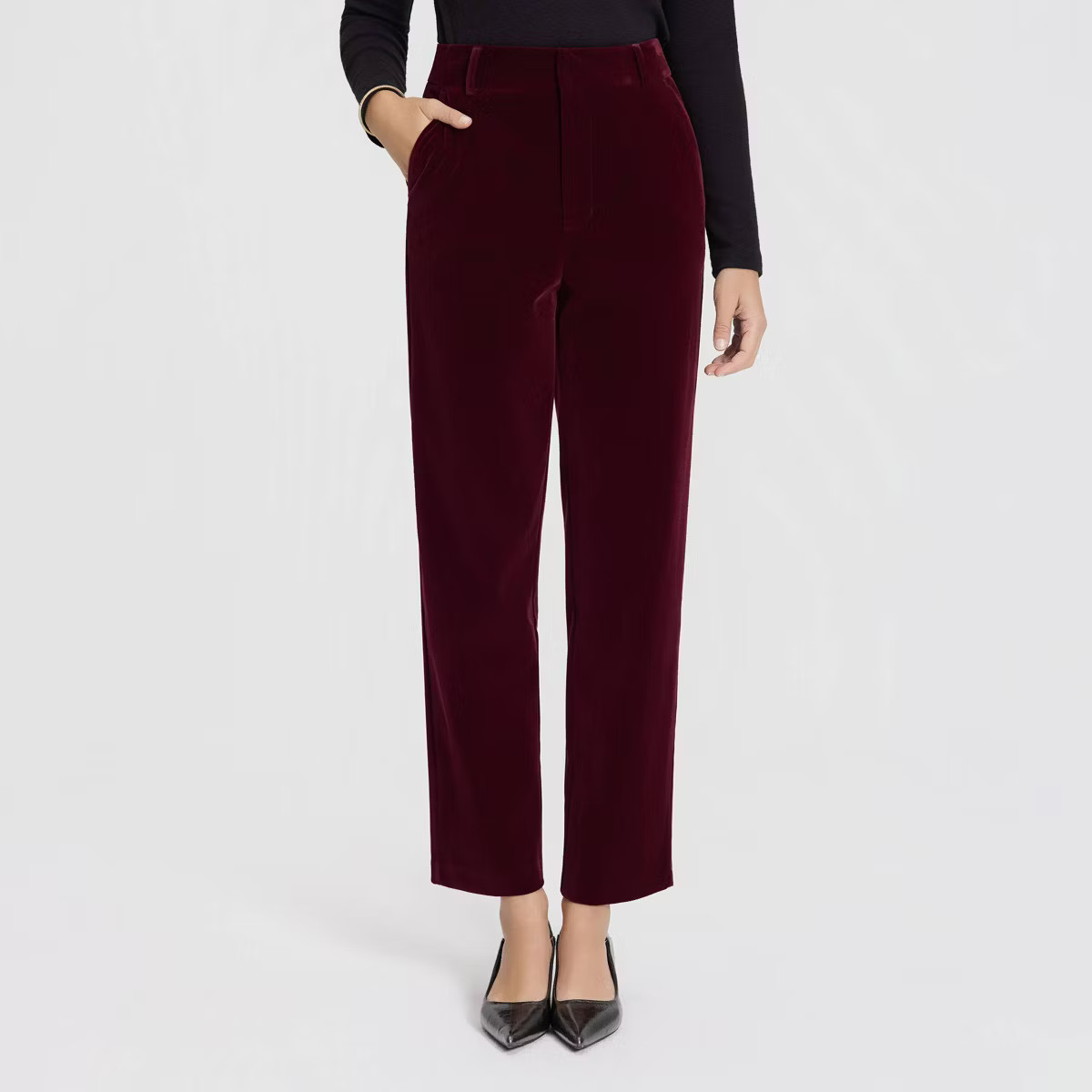 Women's Mid-Rise Velvet Tapered Trousers - A New Day™ Wine Red 8 | Target