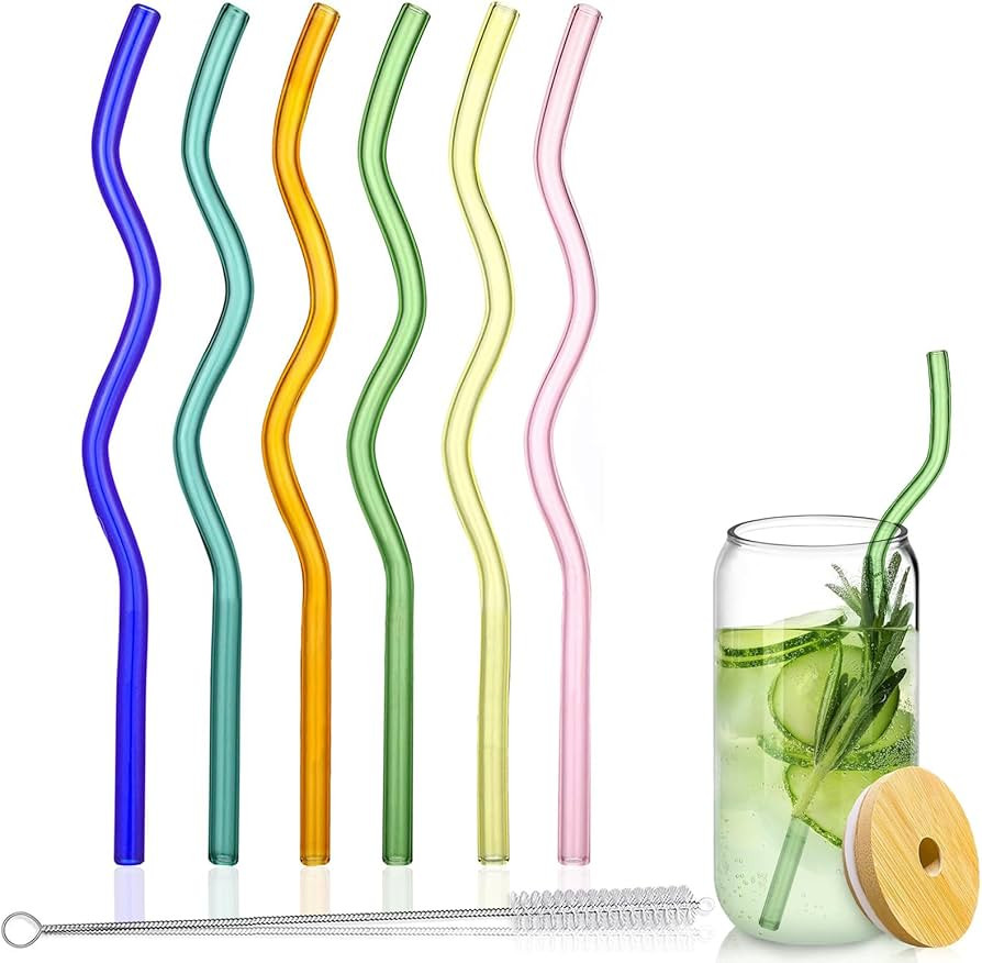 6 Pcs 7.87"×8mm Wavy Glass Straws, Reusable Colorful Glass Straws with 1 Cleaning Brush -Perfect... | Amazon (US)