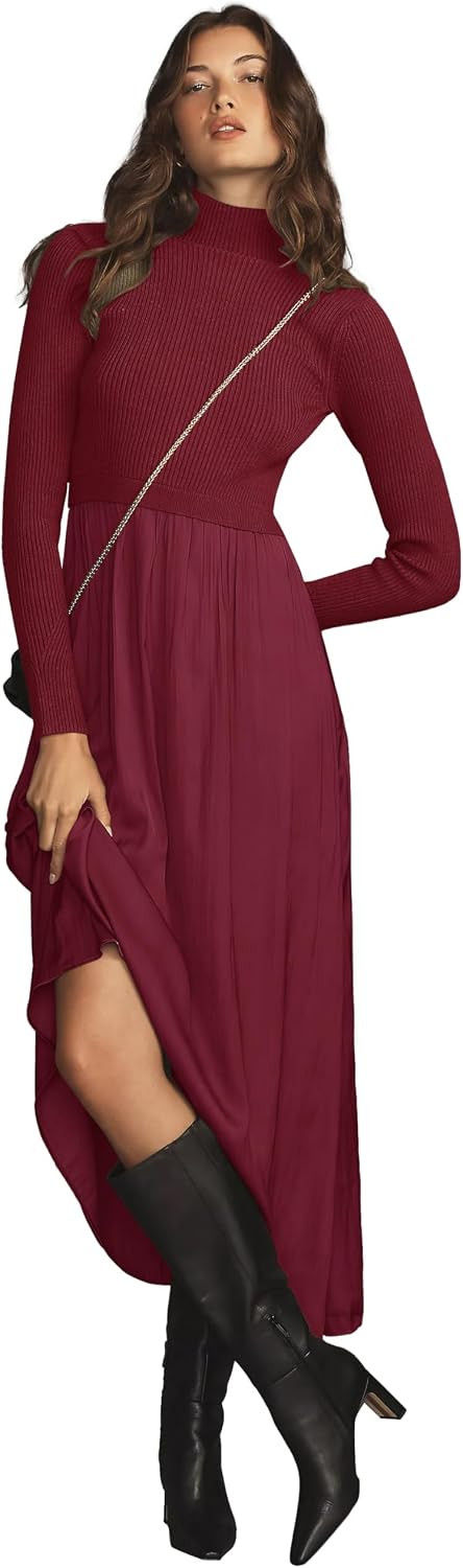 Womens Fall Mock Turtleneck Long Sleeve Ribbed Knit Pullover Tops Fashion Long Maxi Dress | Amazon (US)