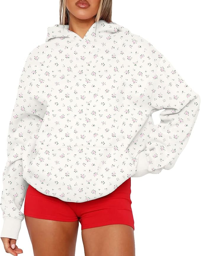 Cioatin Women Oversized Ditsy Floral Y2K Aesthetic Hoodies Lightweight Fleece Sweatshirt Drop Sho... | Amazon (US)
