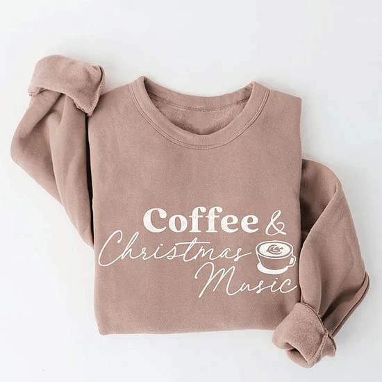 Coffee & Christmas Music Graphic Fleece Sweatshirt, Tan | SpearmintLOVE