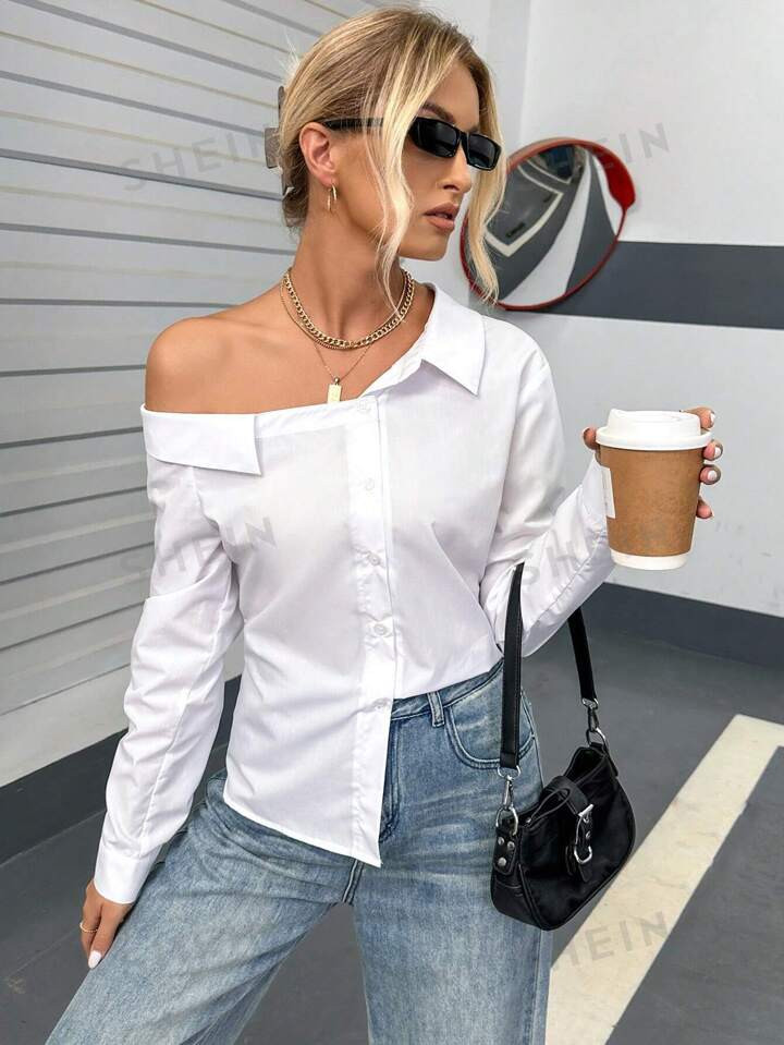 SHEIN Essnce Ladies White Open Shoulder Button-Down Shirt | SHEIN