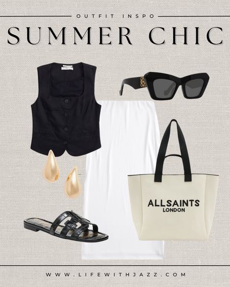 Summer chic outfit inspo 🖤

Summer outfit / warm weather / chic / edgy / bump friendly / b&w / vest / maxi skirt / sandals / sunglasses / tote / gold earrings / Abercrombie / Loewe / allsaints / Sam Edelman 

#LTKSeasonal #LTKstyletip