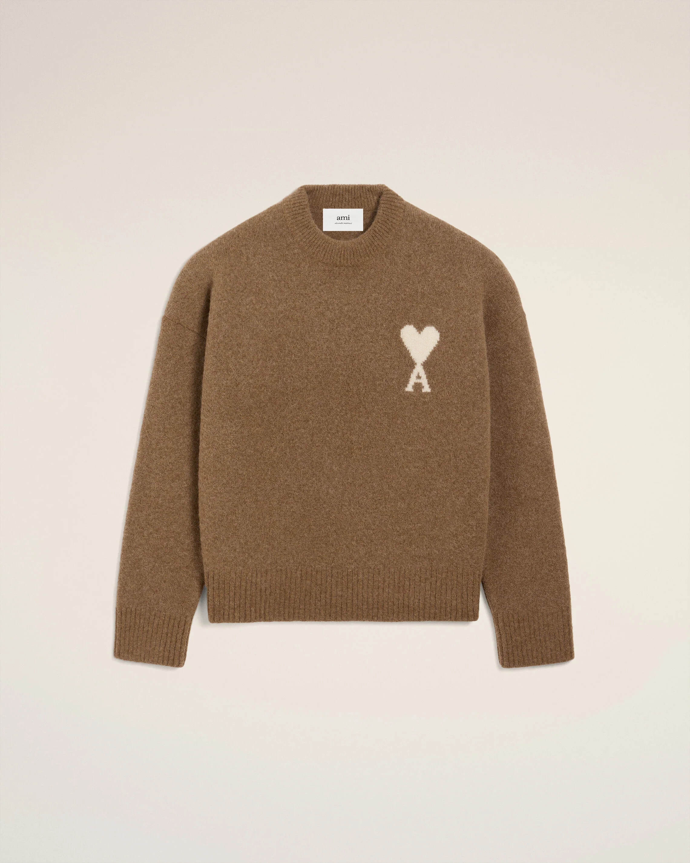 HAZELNUT/OFF WHITE Brown Alpaca Ami De Coeur Crewneck Sweater | AMI PARIS | AMI Paris FR