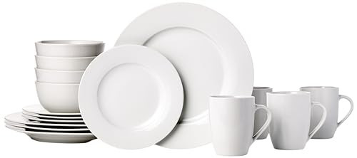 Amazon Basics 16-Piece Porcelain Kitchen Dinnerware Set with Plates, Bowls and Mugs, Service for 4 - White | Amazon (US)