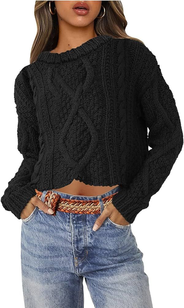 SENSERISE Womens Cropped Cable Knit Sweater Long Sleeve Crewneck Pullover Tops Chunky Warm Sweate... | Amazon (US)