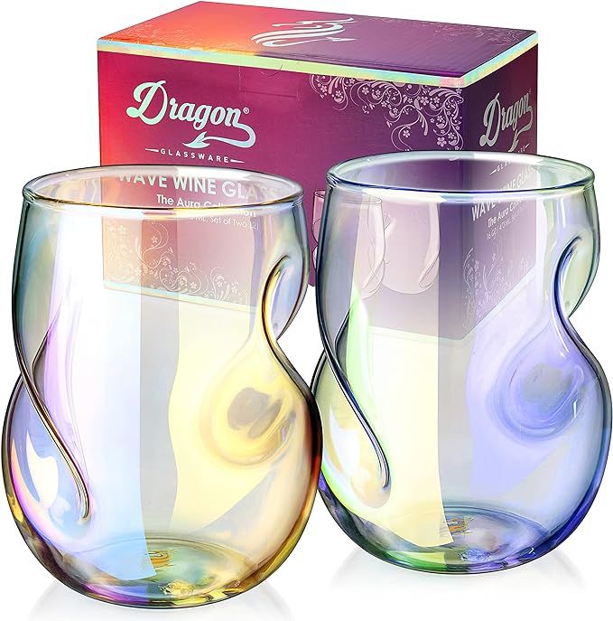 Dragon Glassware Stemless Wine Glasses, Iridescent Glass with Finger Indentations, Naturally Aera... | Amazon (US)