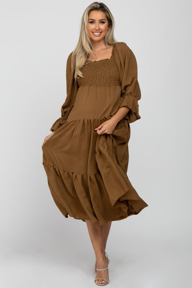 Brown Square Ruffle Neck Smocked Maternity Midi Dress | PinkBlush Maternity