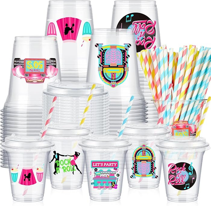 60 Set 1950s Party Decorations 50's Rock and Roll Plastic Cups Bulk 14 oz Disposable Clear Cups w... | Amazon (US)