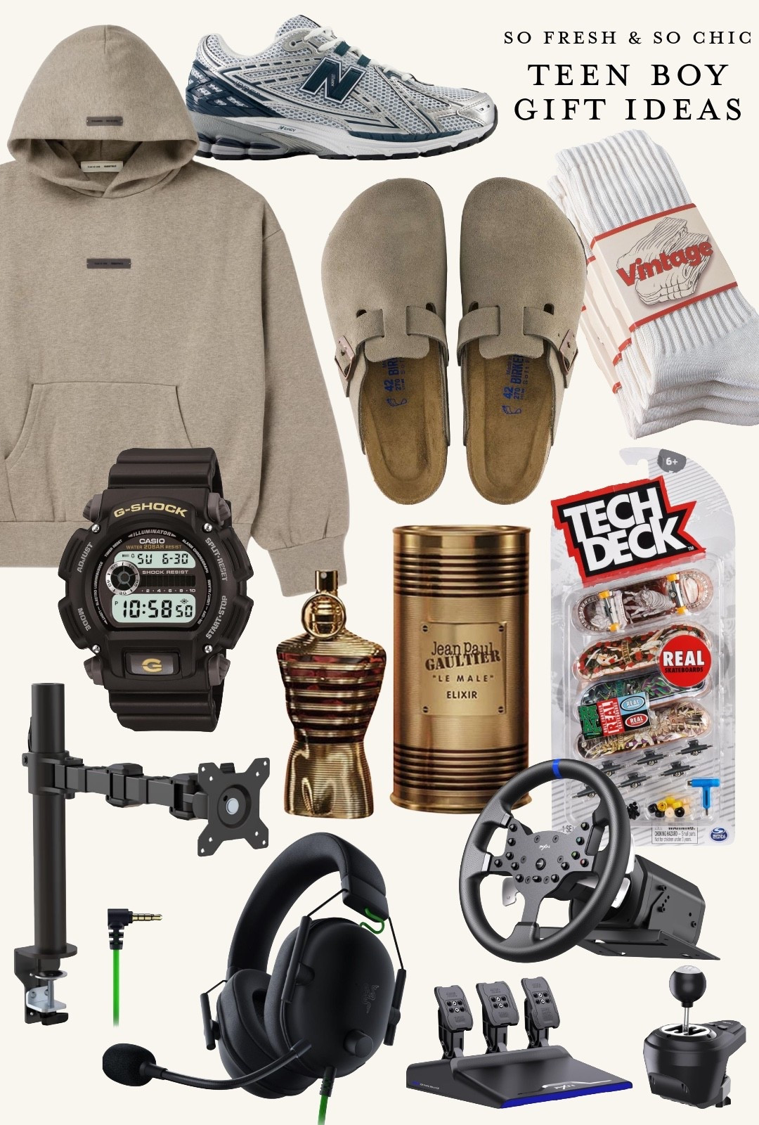 Teen boy gift ideas!
-
Teen boy gifting - gifts for teen boys - 14 year old gift list - gamer gifting list - gift ideas for gamers - racing headphones - monitor stand - racing wheel sim pedals gear stick - Birkenstock Boston clogs - vintage socks - fear of god essentials hoodie - Mr Porter sale - menswear sale - Amazon gift sale - Amazon sale finds - new balance 1906r men’s - jpg cologne - jean Paul gautier Le male cologne - techdeck - teen boys gift guide 

#LTKMens #LTKGiftGuide #LTKSaleAlert