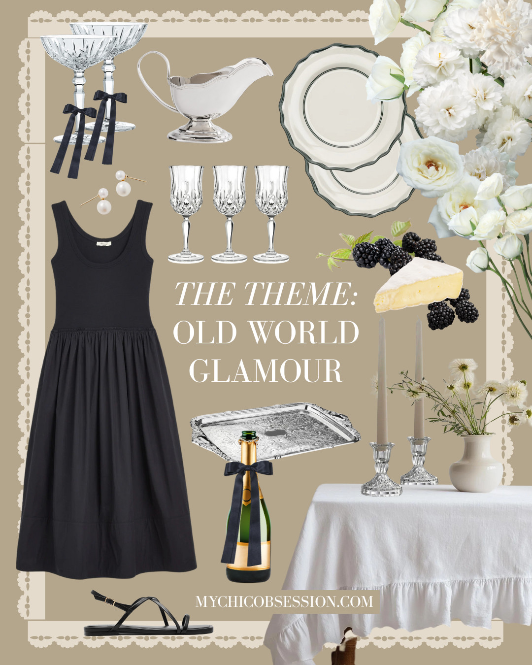 Recreate an old world glamour aesthetic for your next summer dinner party. Think a classic black and white color scheme, elegant crystal, and black bows on your dishware and bottles. 

 #LTKSeasonal #LTKParties #LTKStyleTip