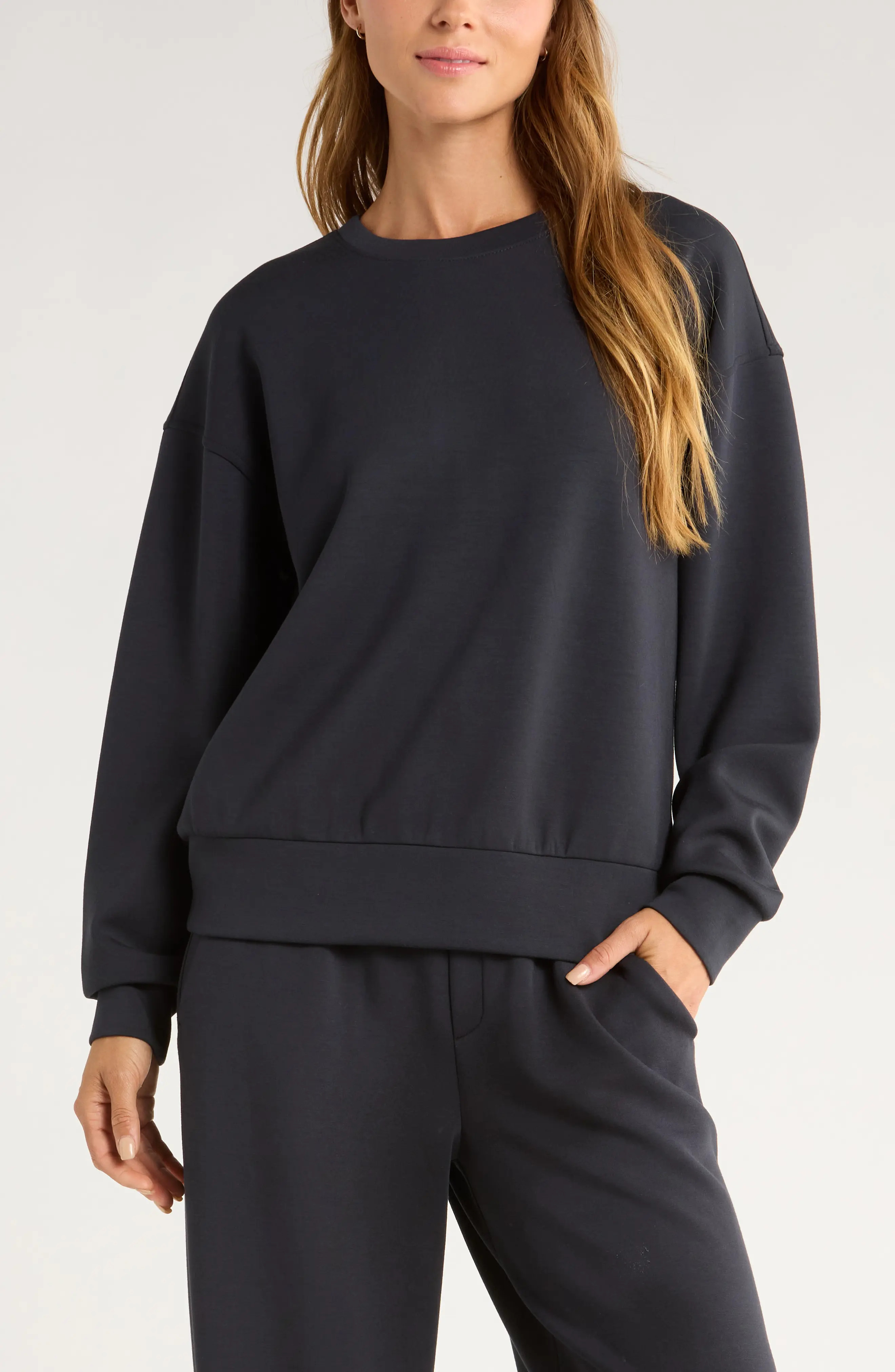 Zella Boxy Ultrasoft Scuba Knit Sweatshirt in Tan Kelp Heather at Nordstrom, Size Small | Nordstrom