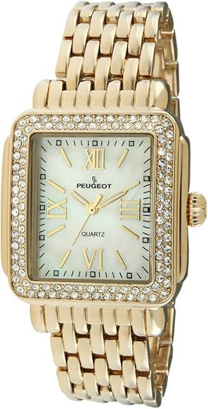Amazon.com: Peugeot Women Rectangle Dress Watch with Crystal Decorated Bezel, Roman Numerals and ... | Amazon (US)