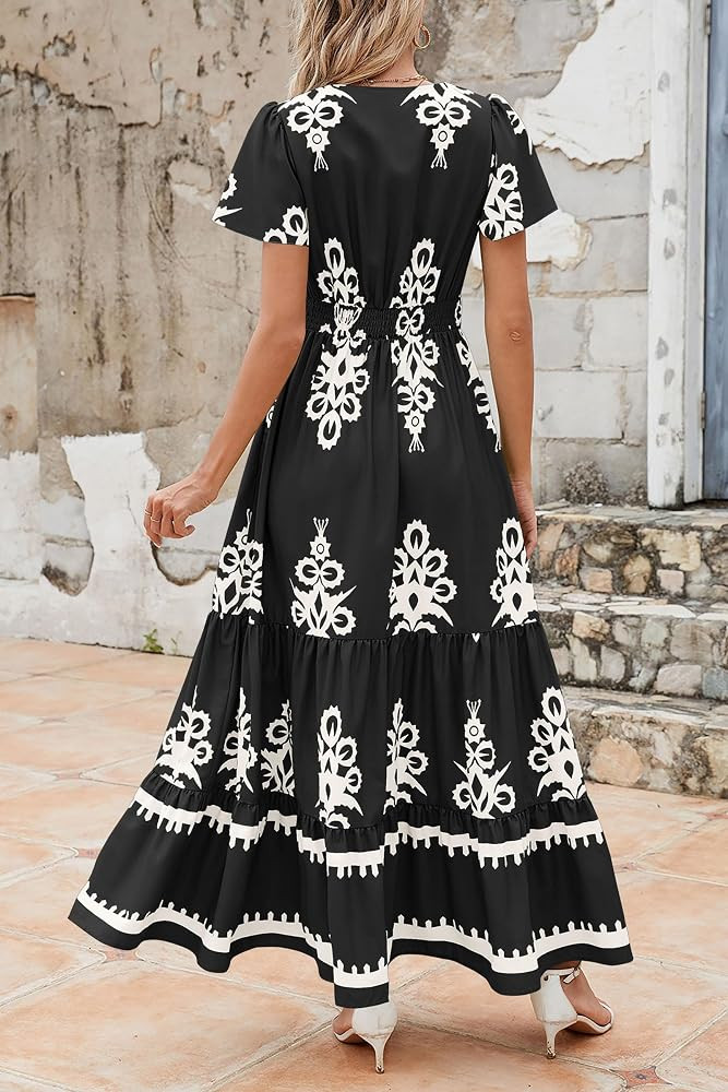 PRETTYGARDEN Womens 2026 Summer Casual V Neck Boho Maxi Dress Flowy Aline Bell Sleeve Tiered Flor... | Amazon (US)