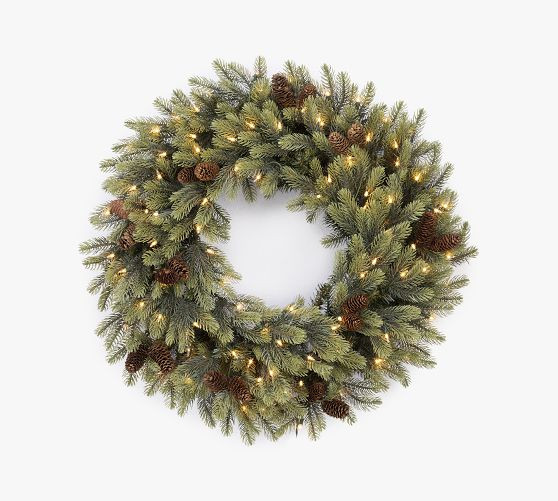 Faux Lit  New England & Pine Wreath with Pinecones | Pottery Barn (US)