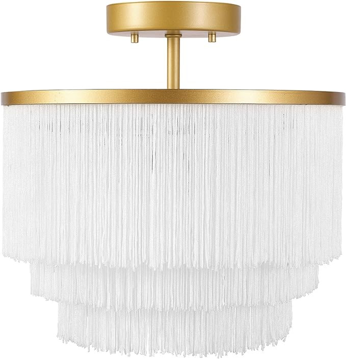 Globe Electric 65892 1-Light Flush Mount Ceiling Light, Matte Gold, White Fabric Fringe Shade, Bu... | Amazon (US)