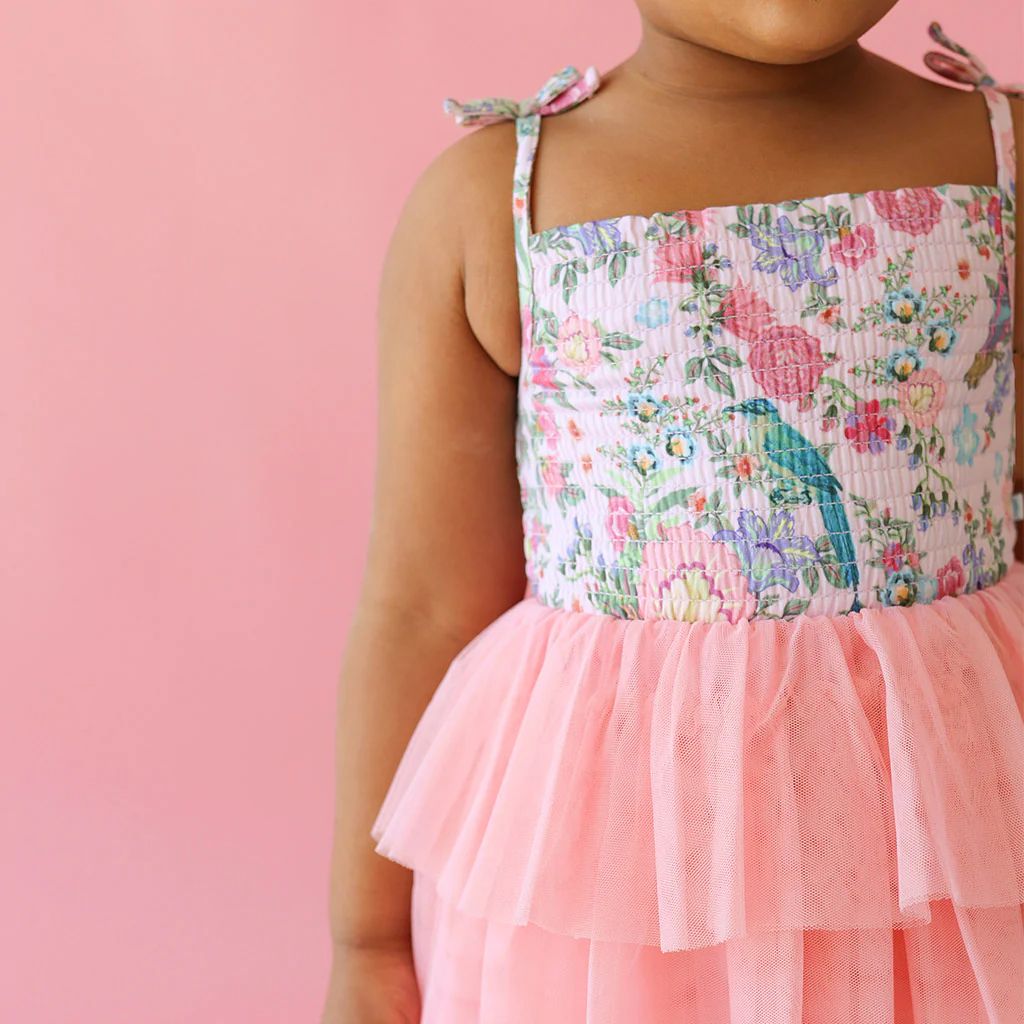 Floral Pink Smocked Girl Tulle Dress | Christine | Posh Peanut
