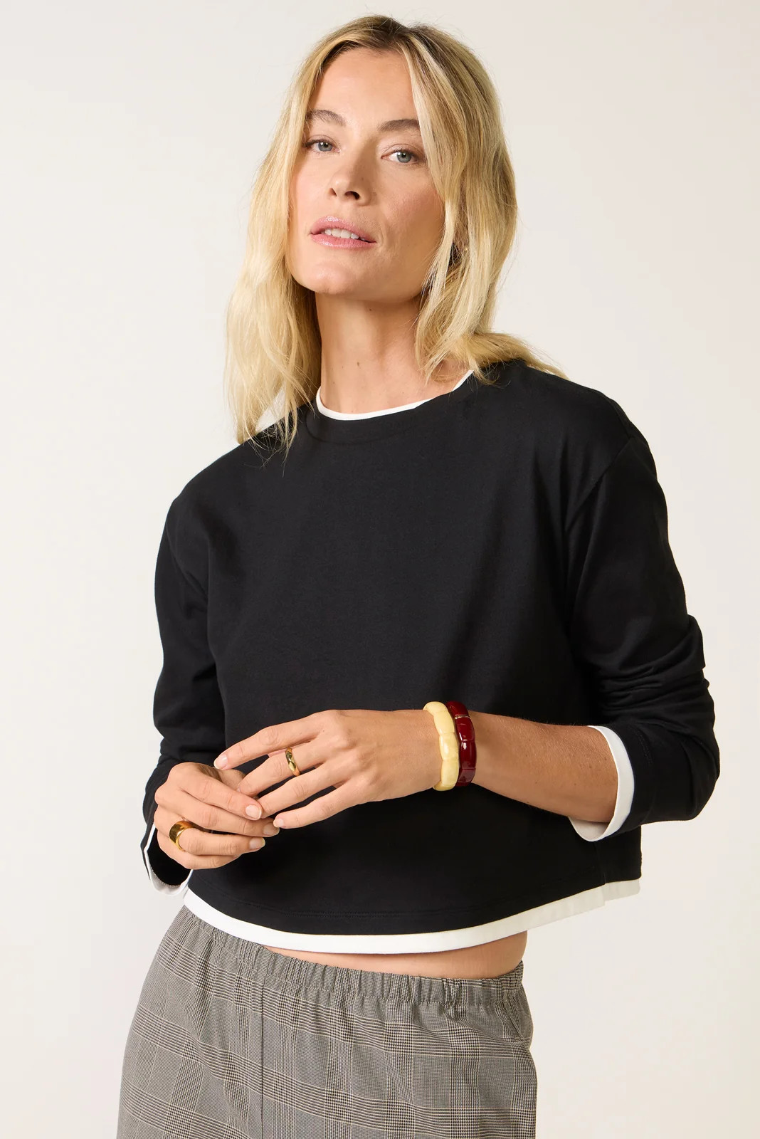 GOOD AMERICAN Women's The Long Sleeve Layered T-Shirt, Size Large, Black | Evereve