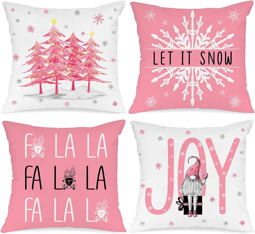 Lanpn White and Pink Christmas Throw Pillow Covers 20x20 Set of 4, 20 inch Decorative Xmas Cushio... | Amazon (US)
